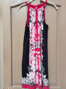 White House Black Market Floral Halter Dress S | Pink Black Midi Tie Waist